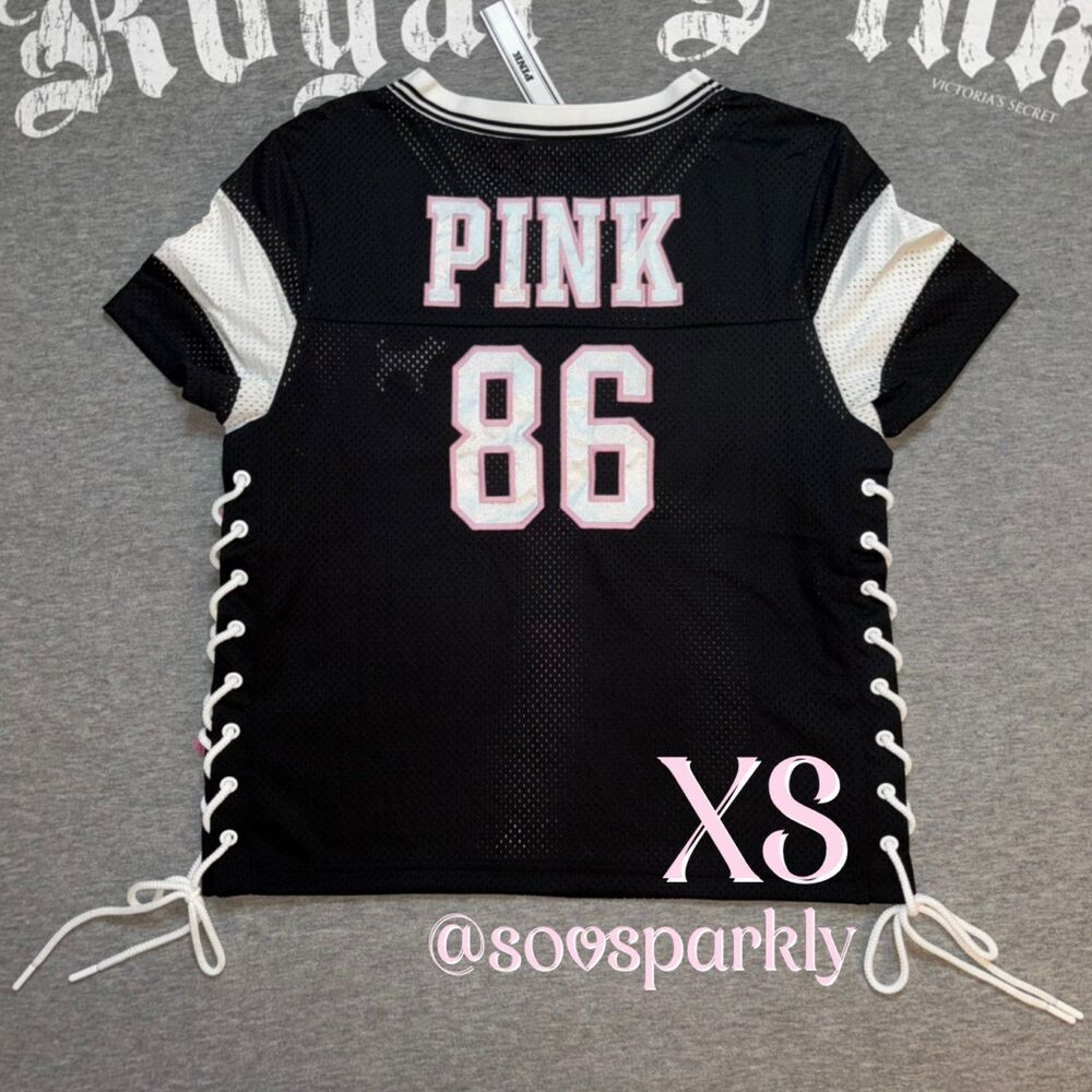 NWT VS PINK Varsity Lace-Up Football Mesh Jersey Pink & White Embroidered 86